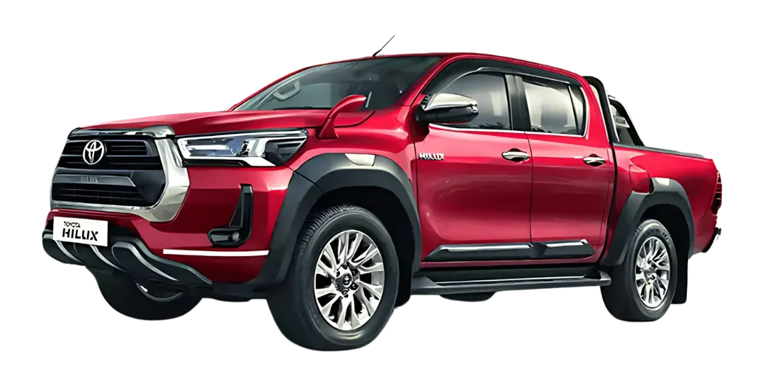 remium Toyota Hilux car bold front profile, durable pickup truck for off road driving, buy Hilux car with strong build and powerful stance
