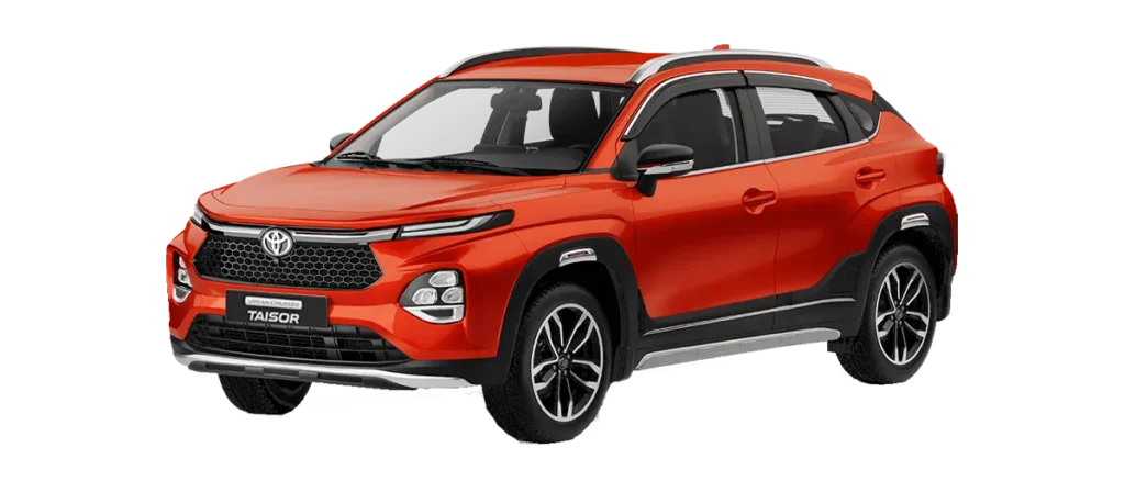 Urban Cruiser Taisor car front angle view, premium compact SUV, buy Taisor car for smooth city drives and bold road presence