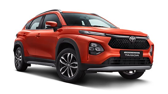 Toyota Urban Cruiser Taisor car sporty front view, compact SUV design, buy Taisor car with stylish grille and modern premium look