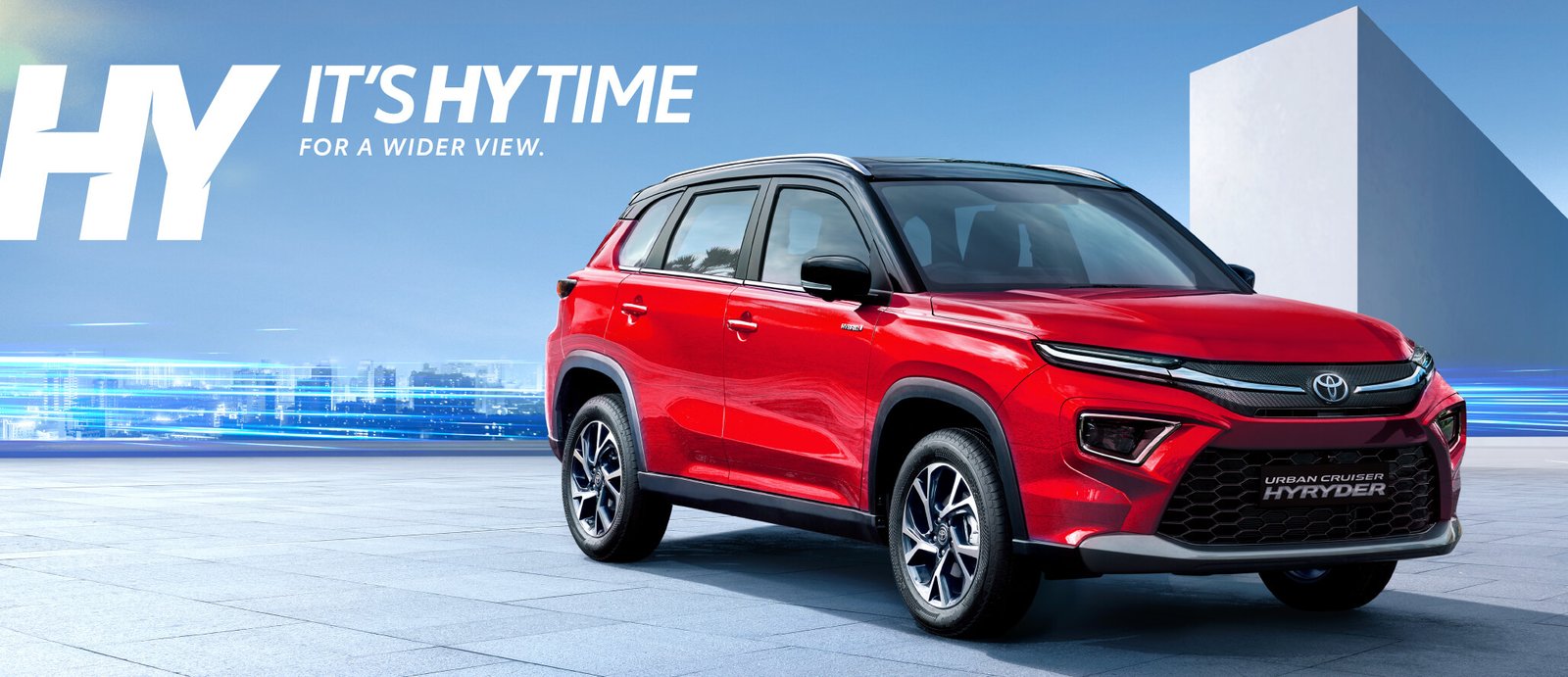 Toyota Urban Cruiser Hyryder SUV banner highlighting excitement, efficiency, and smart performance for city and highway journeys.