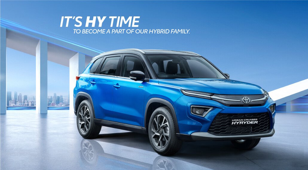 Urban Cruiser Hyryder hybrid SUV promoting smart hybrid time with advanced features, comfort, and efficient performance.