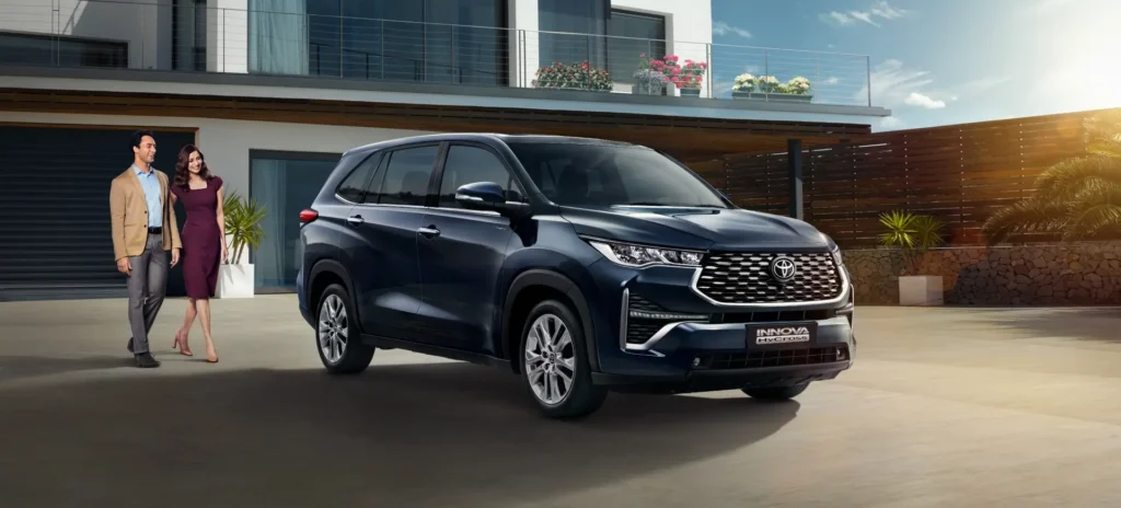 Innova Hycross car exterior overview highlighting bold front design, LED lighting, and strong road presence for those looking to buy Innova Hycross car.