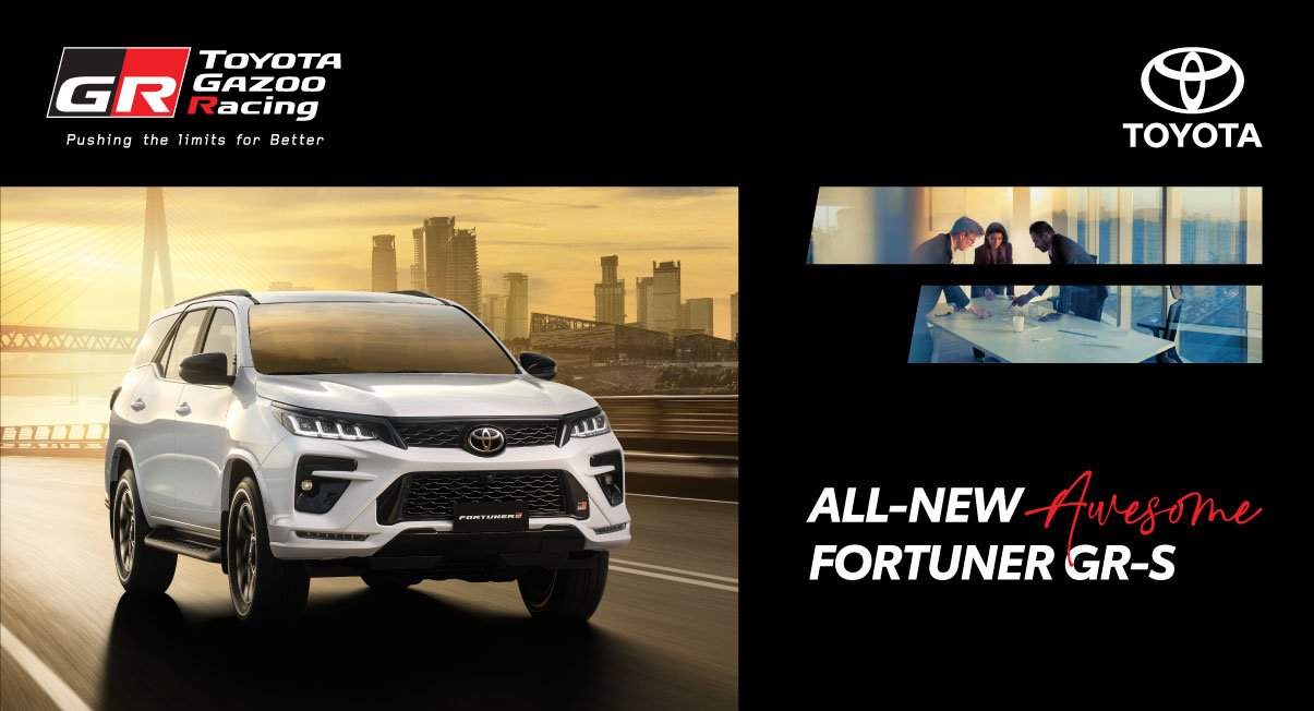 Premium Fortuner car lifestyle banner featuring GR variant design, sporty appeal, and powerful performance for buyers looking to buy Fortuner car.