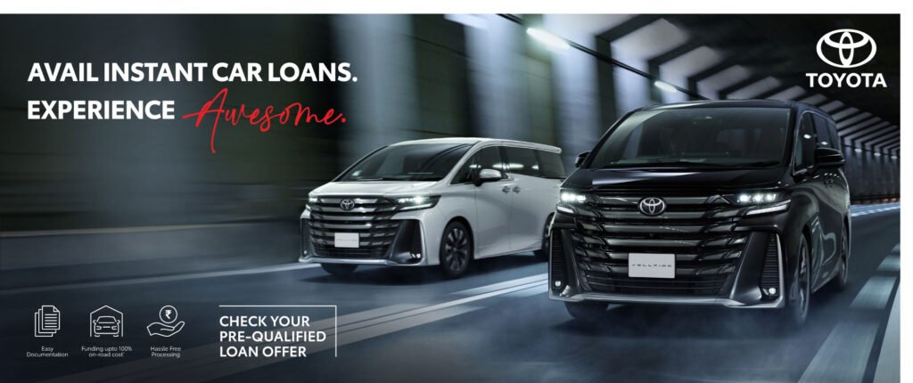 Toyota Vellfire car loan banner promoting premium ownership experience with luxury Vellfire car styling and modern features.
