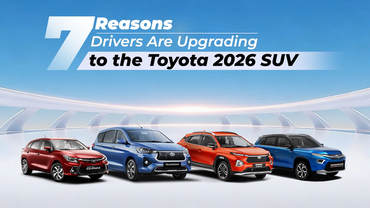 Banner showing multiple Toyota SUVs with text highlighting seven reasons drivers are upgrading to the Toyota 2026 SUV lineup.