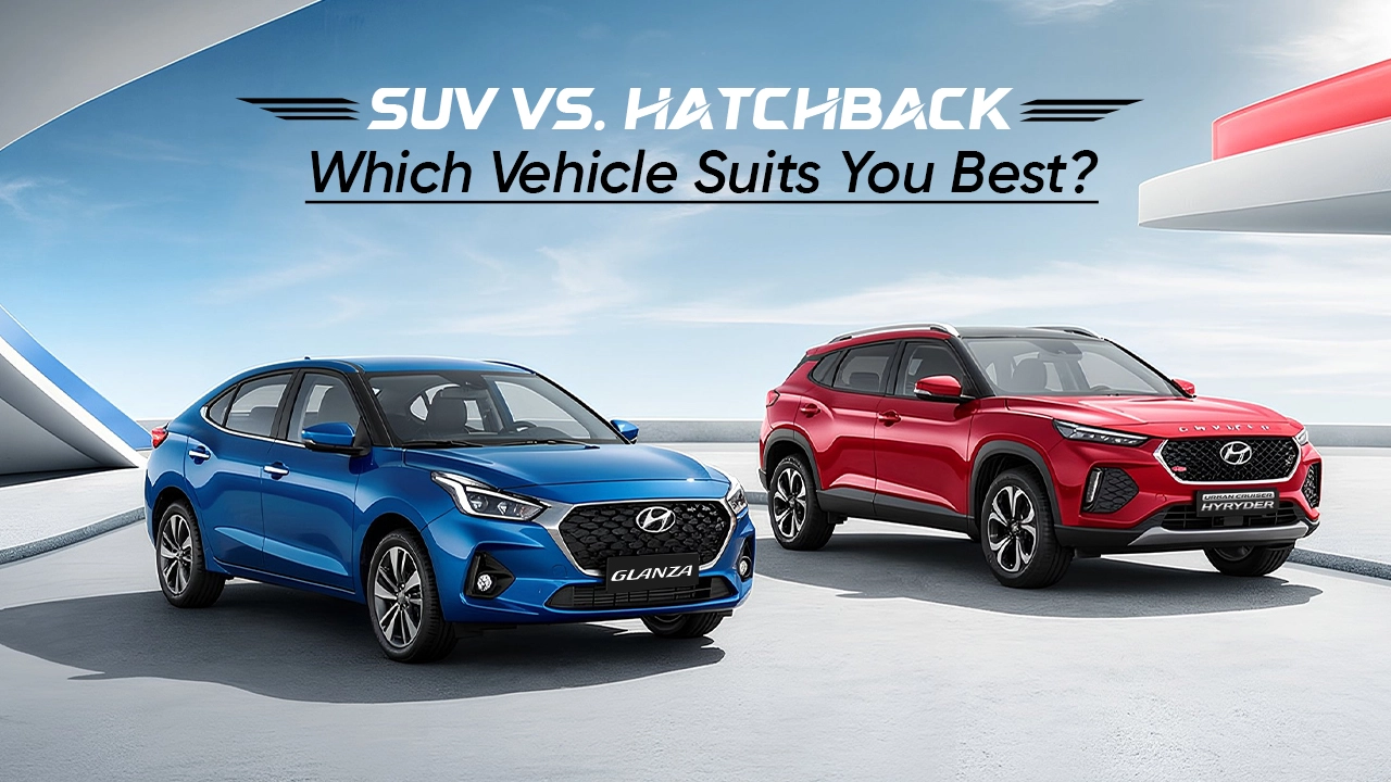 Blue hatchback car and red SUV car comparison on open road showing suv cars vs hatchback cars