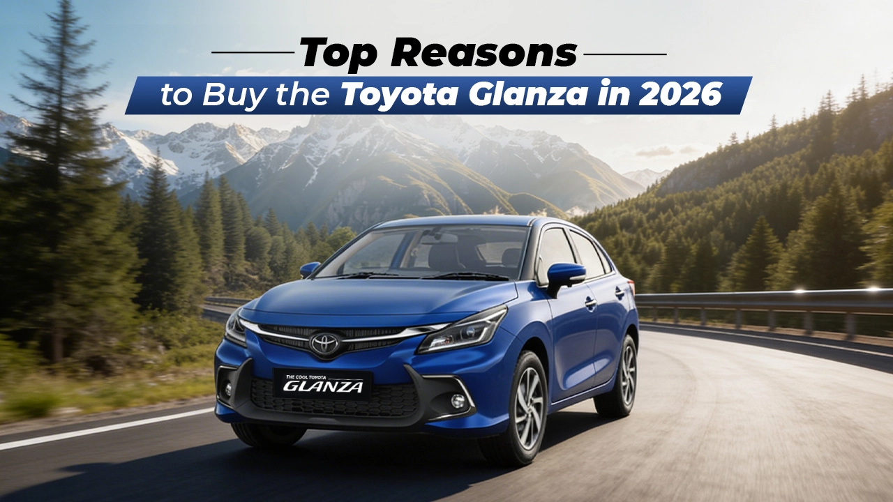 Toyota Glanza car driving on a scenic mountain road, showcasing its stylish design, comfort, and performance, representing a modern luxury car ideal for city drives and long journeys