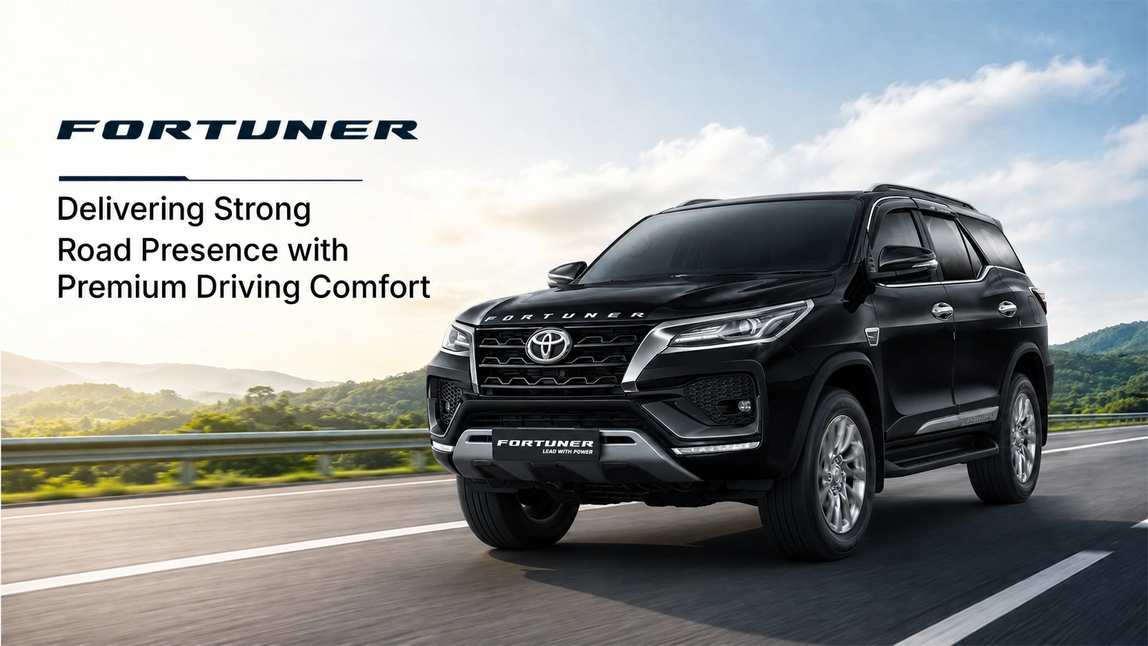 Toyota Fortuner SUV showcasing bold exterior styling, spacious cabin, premium features, elevated driving position, and comfortable performance for every journey.