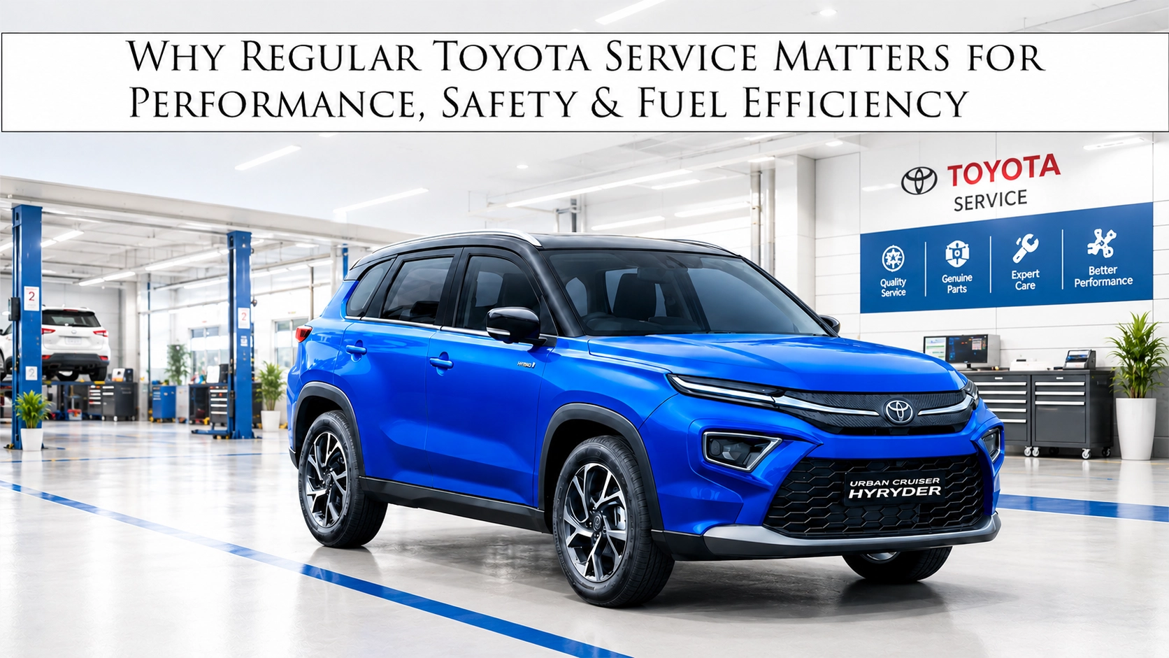Blue Toyota Urban Cruiser Hyryder CNG SUV parked by a modern waterfront with the headline highlighting efficient SUV ownership and fuel-saving CNG performance.