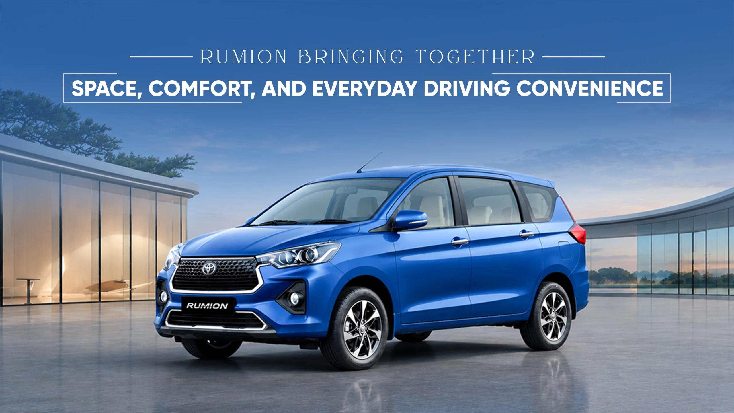 Bright Toyota Rumion car showcasing spacious design and everyday driving comfort. Book a Rumion car test drive to experience premium space and convenience.