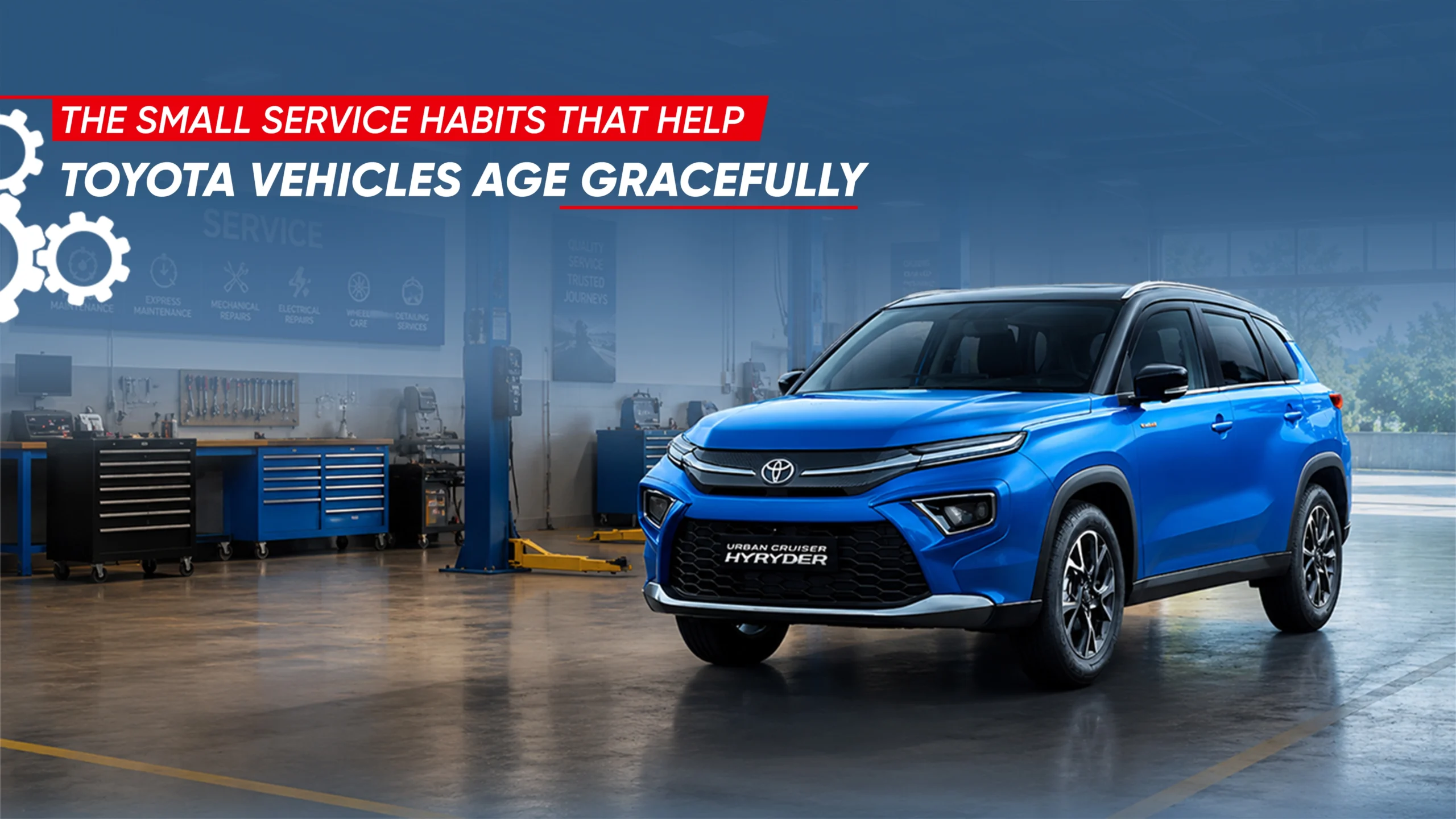 Toyota Hyryder service showcasing routine maintenance for lasting performance. Book Hyryder car service or book cars test drive for a better driving experience.