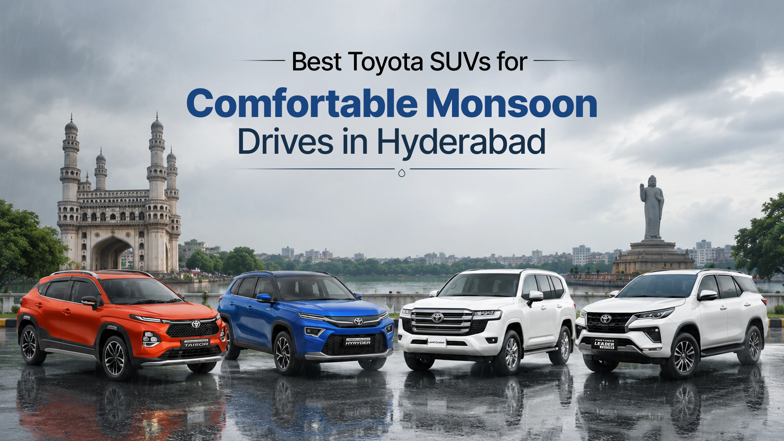 Toyota SUV lineup featuring Taisor, Hyryder, Land Cruiser, and Fortuner near Hyderabad landmarks. Book Toyota car test drive today to explore top models