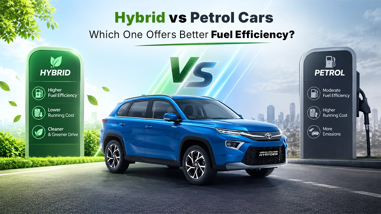 A blue Toyota Urban Cruiser Hyryder featured in a comparison graphic of Hybrid vs Petrol cars showing fuel efficiency and running costs. Book Hyryder car test drive today.