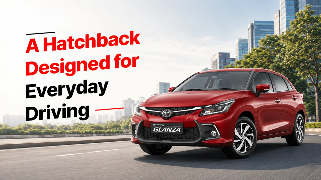 Red Toyota Glanza hatchback driving on a city road with modern buildings in the background. Book Glanza car test drive to experience everyday driving comfort.