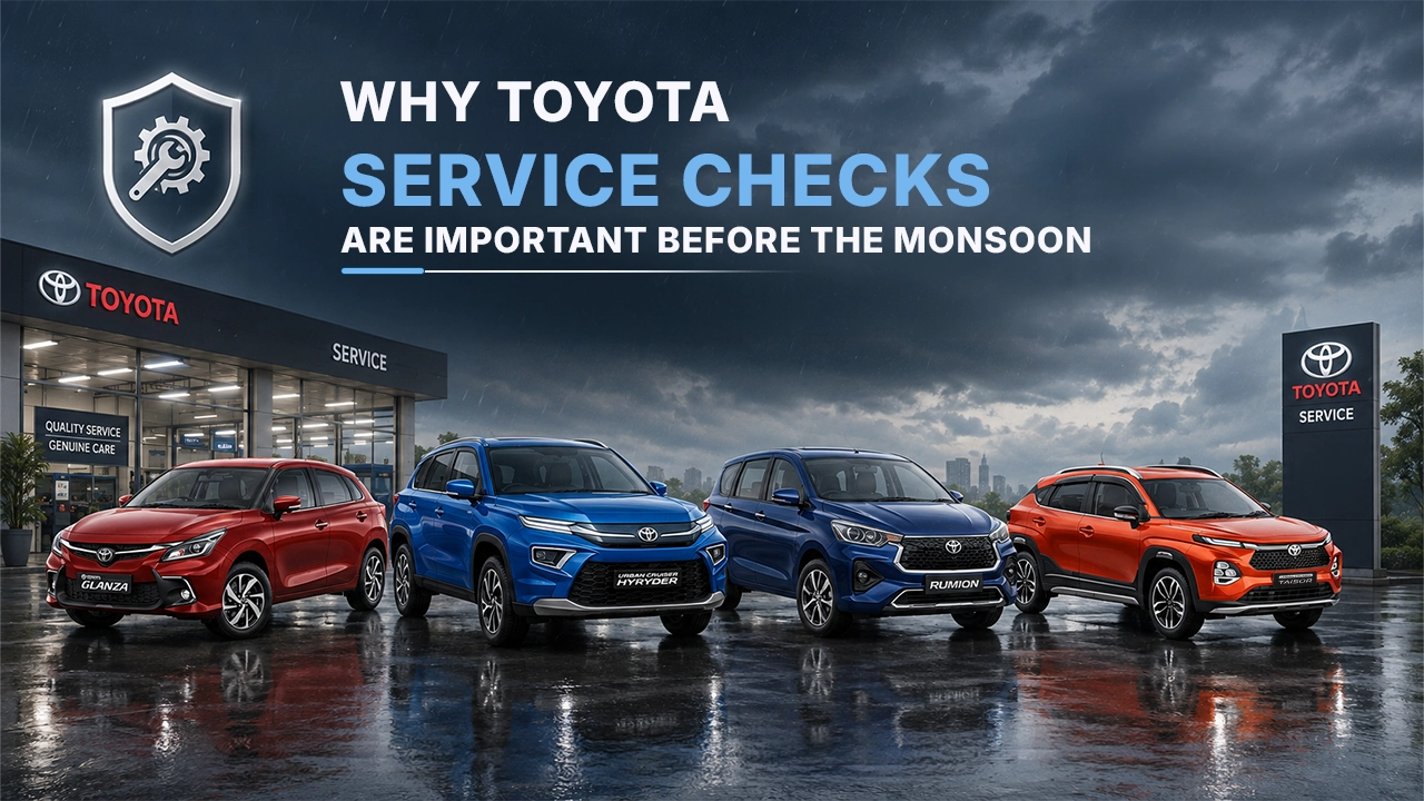 Four Toyota cars parked outside a service center under a cloudy sky, promoting why Toyota car service checks are important before the monsoon and inviting users to book a test drive.