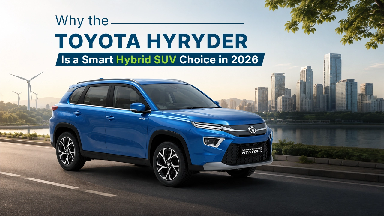 A blue Toyota Urban Cruiser Hyryder hybrid SUV driving on a city road, perfect for booking a hyryder car test drive.